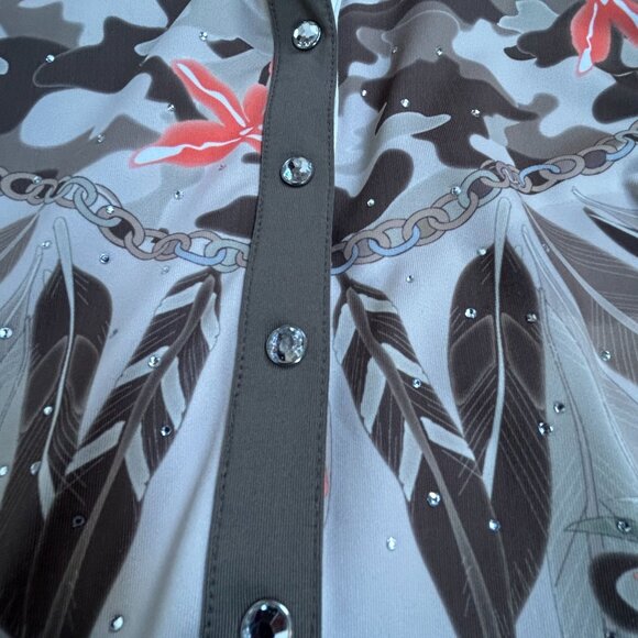Daily Sports Womens Camo Feather Long Sleeve Polo Shirt Medium Beige Rhinestones - Picture 4 of 9